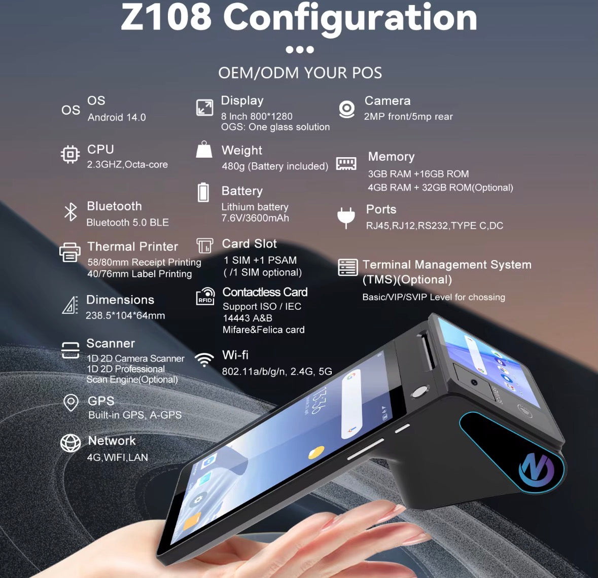 Terminal TPV Android 14 Wifi 8 Pouces pour Restaurant Grande Qualité