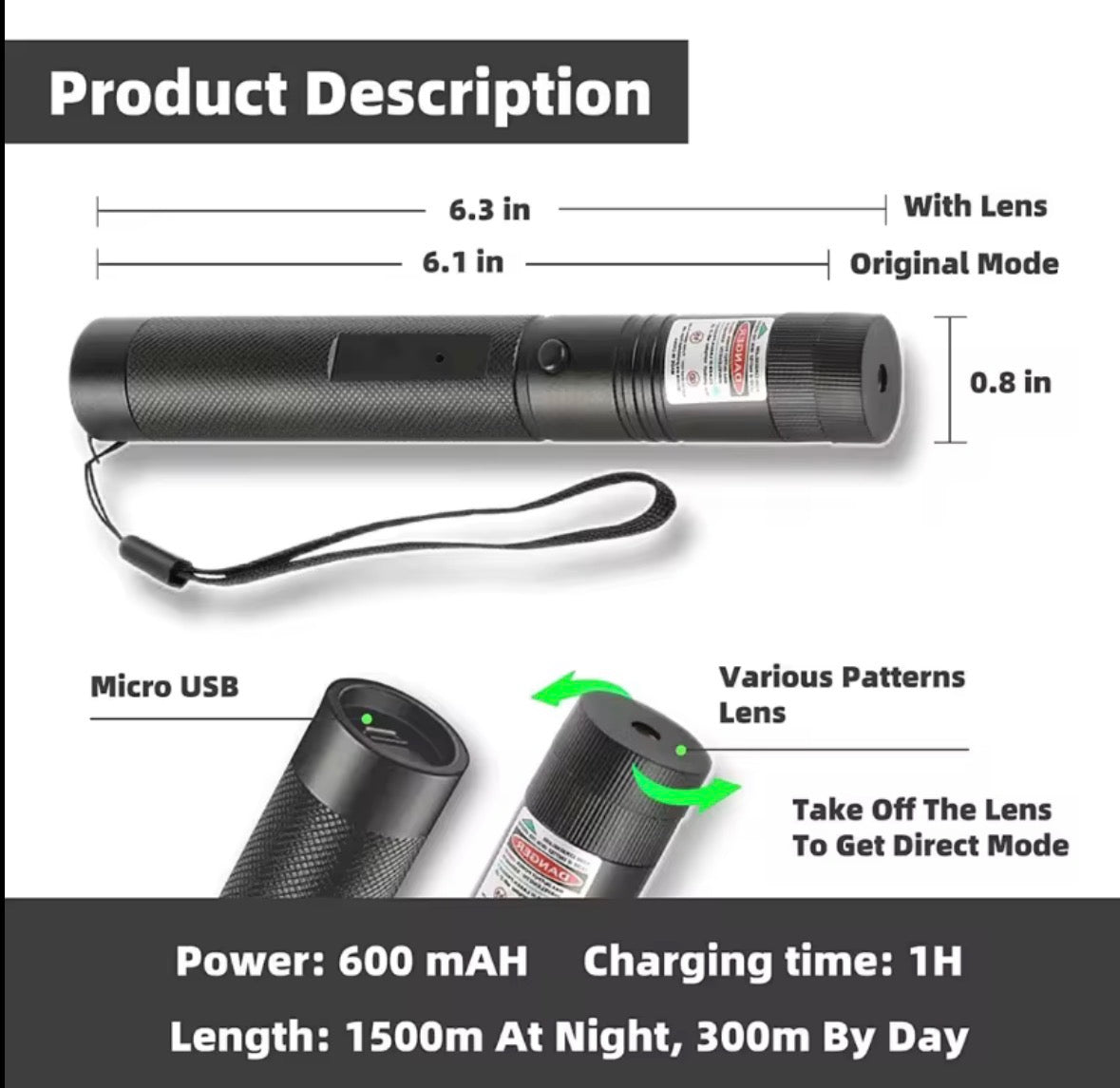 Pointeur laser vert haute puissance rechargeable par
USB