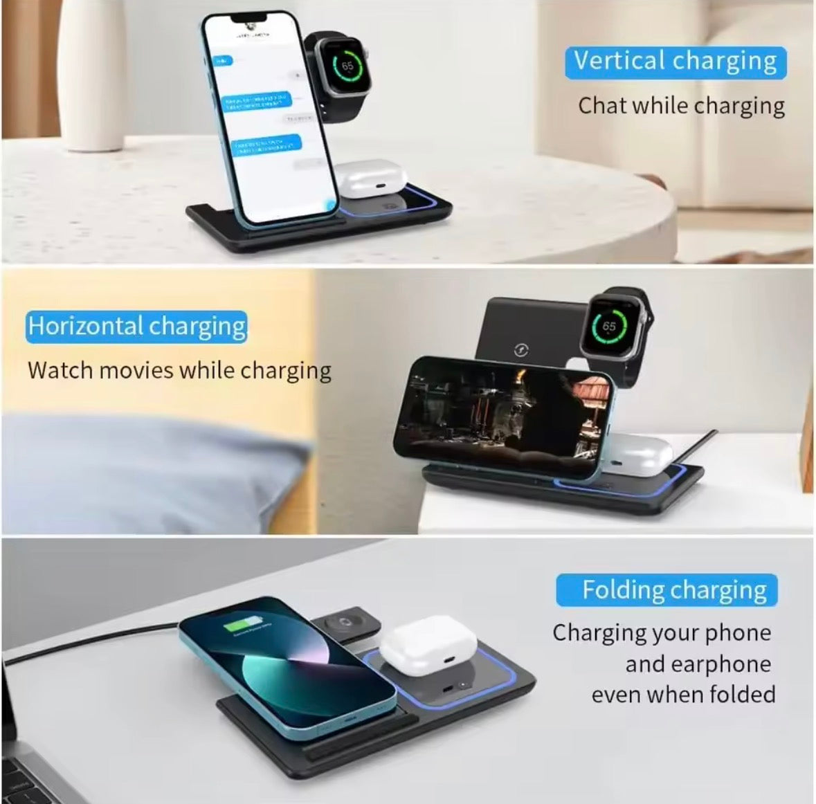 Chargeur Multi-fonctions Sans Fil Pliable 3-en-1